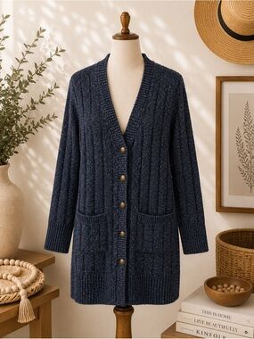 cleo Navy Speckled Ribbed Button-Up Long Cardigan